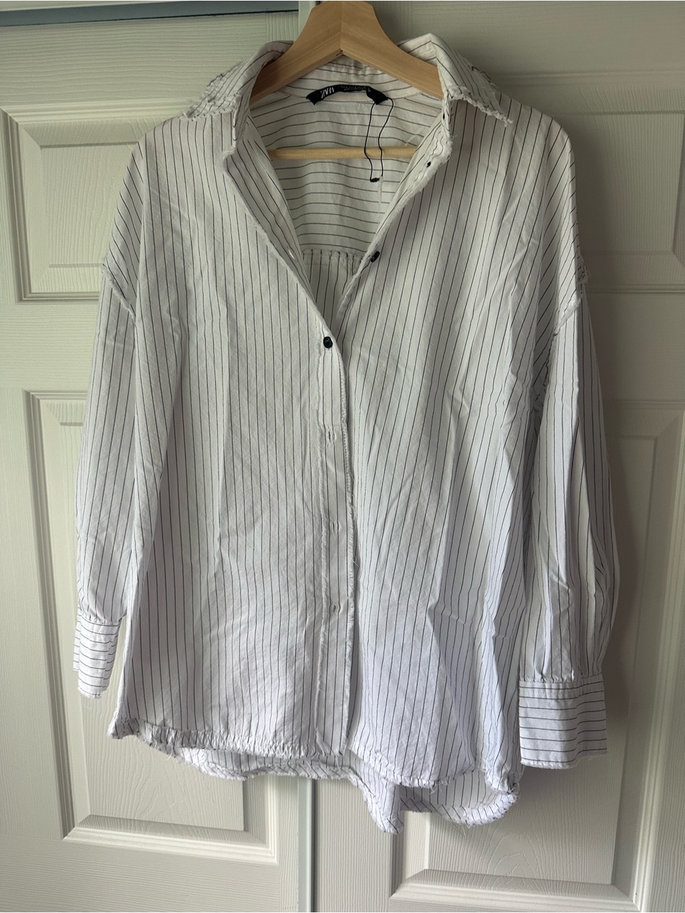 Zara White Button-Up Blouse with Black Pinstripes
